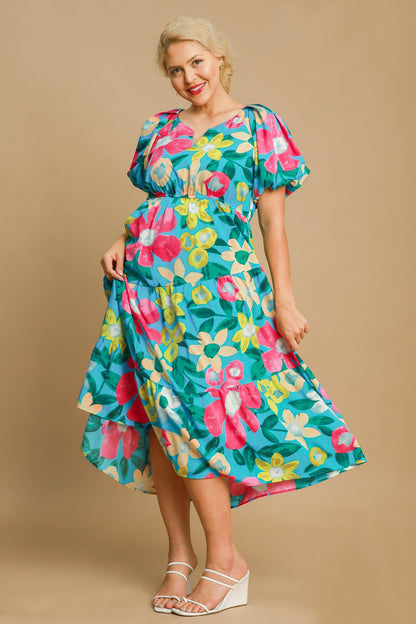 Umgee Full Size Tiered Floral Print Notched Puff Sleeve Midi Dress Plus Size Casual Dresses