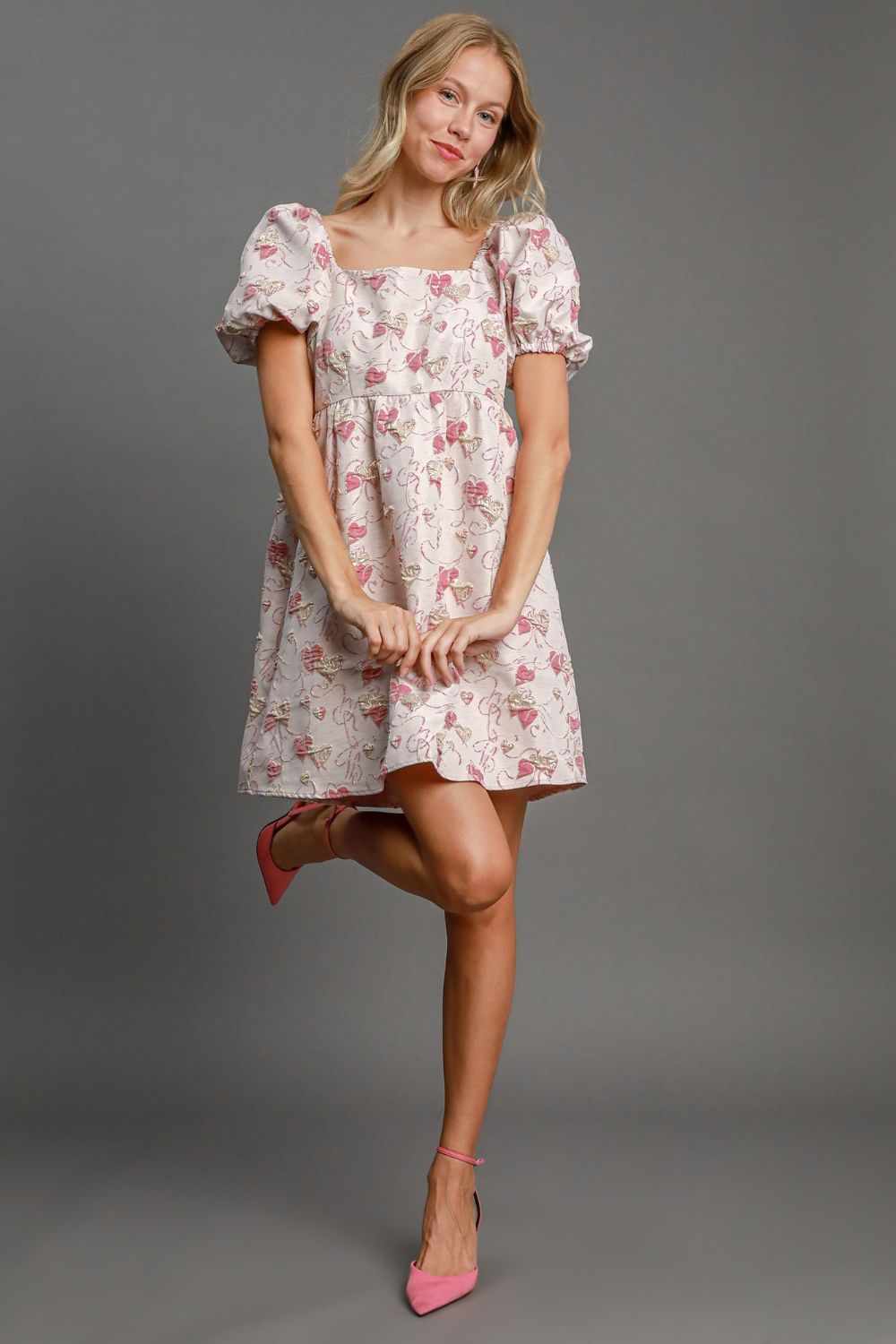 Umgee Heart Jacquard Square Neck Puff Sleeve Mini Dress Pink Casual Dresses