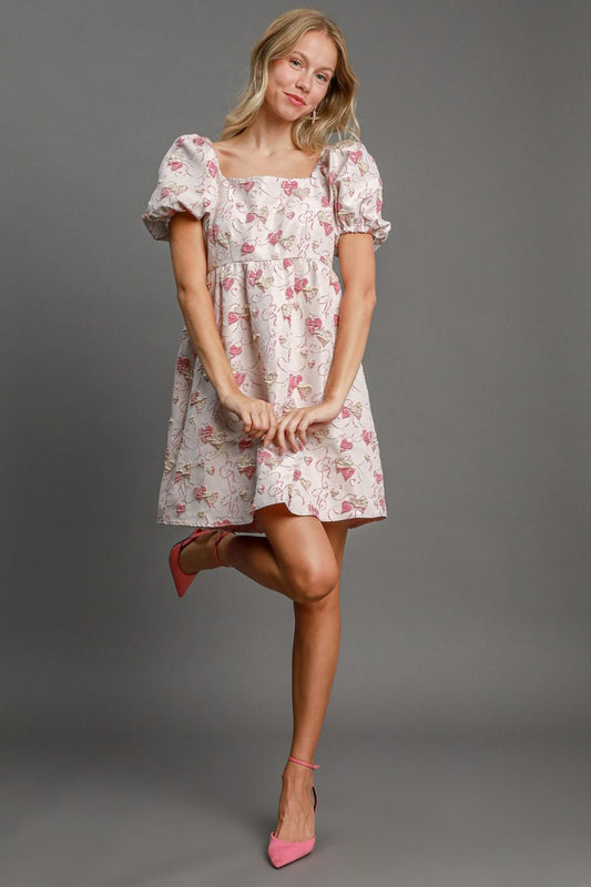 Umgee Heart Jacquard Square Neck Puff Sleeve Mini Dress Pink Casual Dresses