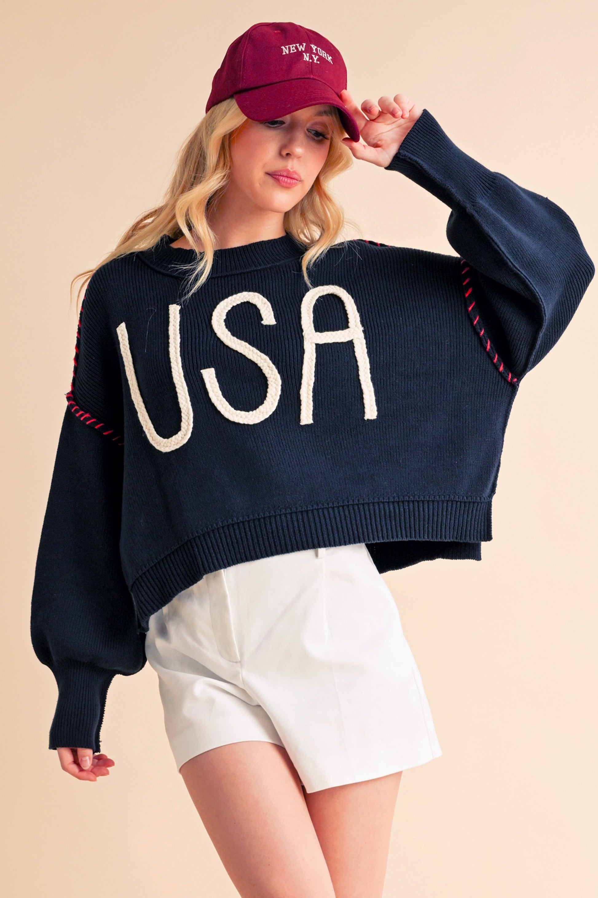 Aemi + Co USA Side Slit Round Neck Sweater Navy Hoodies & Sweaters