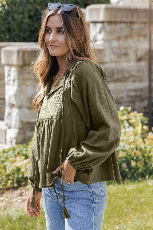Eloise Embroidered Split Neck Top - Shop Style & More | Fresh Looks, Everyday Deals & Free Shipping
