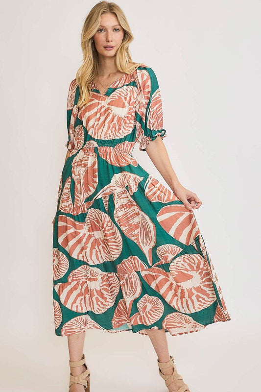 Umgee Full Size Printed Notched Puff Sleeve Midi Dress Plus Size - Shop Style & More | Fresh Looks, Everyday Deals & Free Shipping