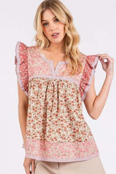 Mittoshop Floral Notched Ruffled Cap Sleeve Blouse Rose Pink Blouses