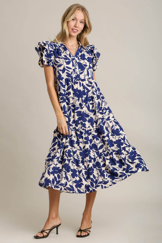 Umgee Full Size Floral Collared Ruffle Cap Sleeve Midi Dress Plus Size - Shop Style & More | Fresh Looks, Everyday Deals & Free Shipping