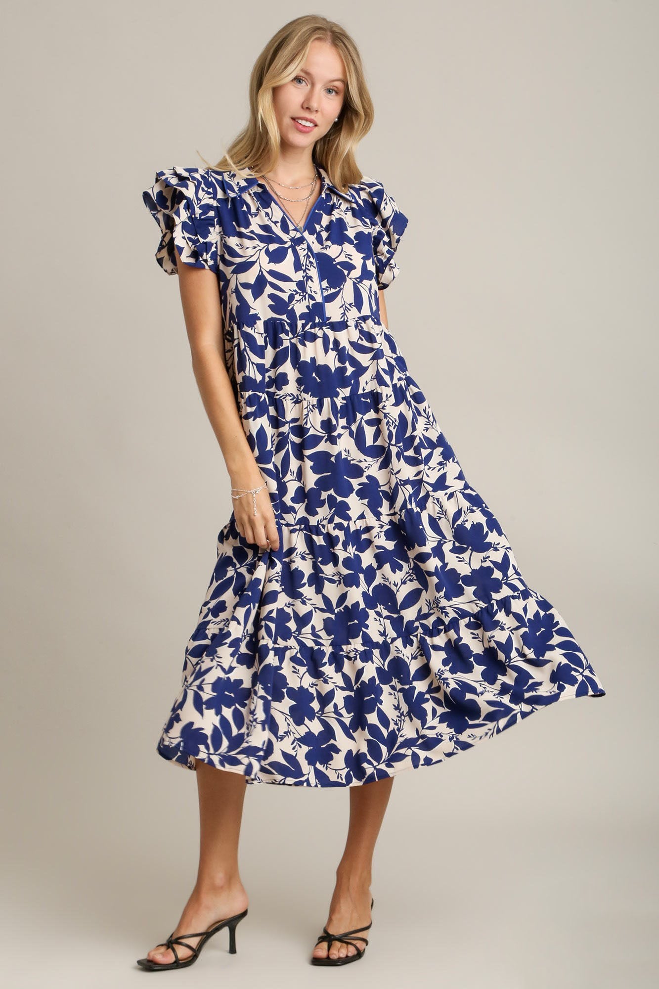 Umgee Full Size Floral Collared Ruffle Cap Sleeve Midi Dress Plus Size Navy Casual Dresses