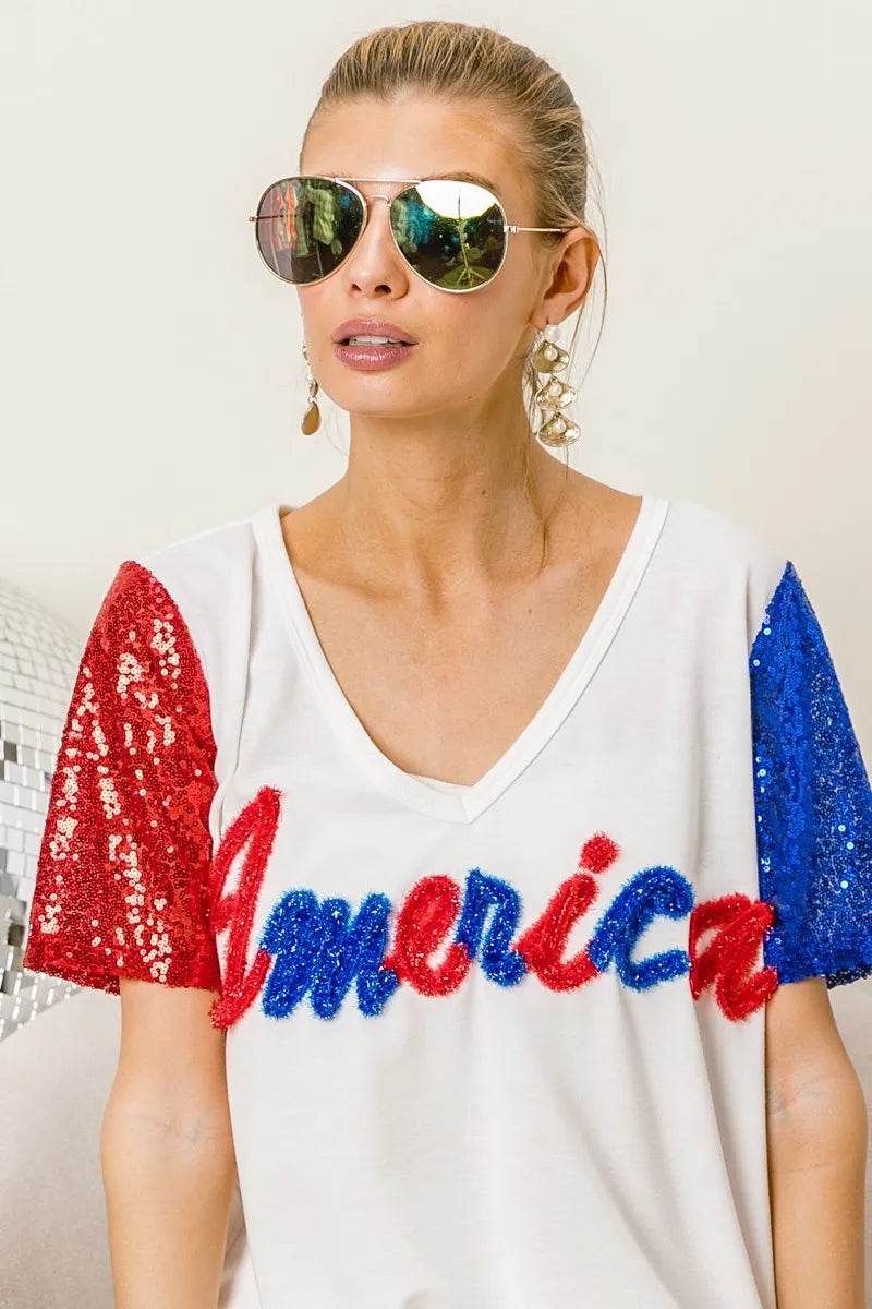 BiBi Metallic Letter V-neck Sequin Sleeves Top - Shop Style & More | Fresh Looks, Everyday Deals & Free Shipping