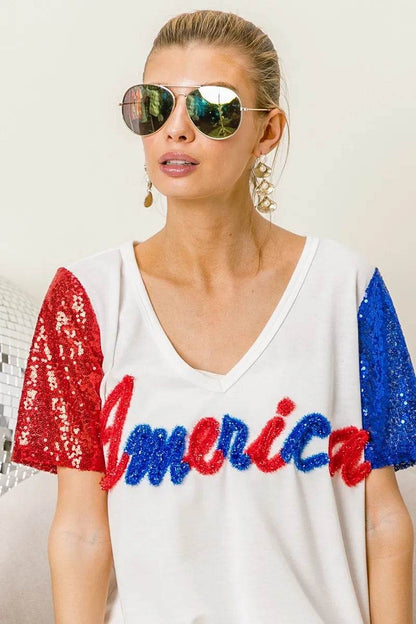 BiBi Metallic Letter V-neck Sequin Sleeves Top - Shop Style & More | Fresh Looks, Everyday Deals & Free Shipping