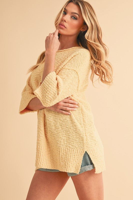 Aemi + Co Side Slit Ribbed Hem Round Neck Sweater Casual Dresses