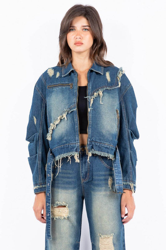 American Bazi Full Size Distressed Frayed Edge Zip Up Denim Jacket Plus Size - Shop Style & More | Fresh Looks, Everyday Deals & Free Shipping