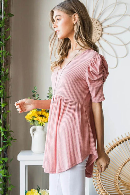 Heimish Full Size Waffle Knit V-Neck Babydoll Top - Shop Style & More | Fresh Looks, Everyday Deals & Free Shipping