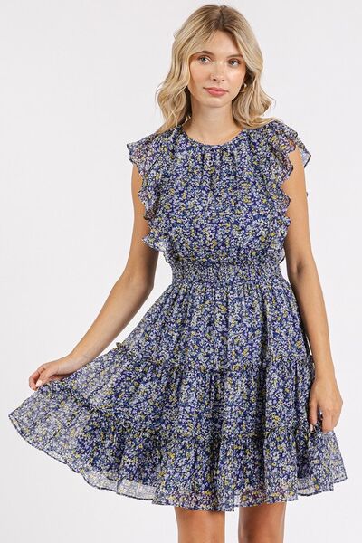 Mittoshop Ditsy Floral Print Ruffle Chiffon Mini Dress Dark Navy Casual Dresses