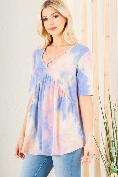 Heimish Full Size Crisscross Tie Dye Babydoll Top Plus Size Blouses