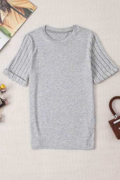 Alma Ribbed Splicing Sleeve Round Neck Top - Shop Style & More | Fresh Looks, Everyday Deals & Free Shipping