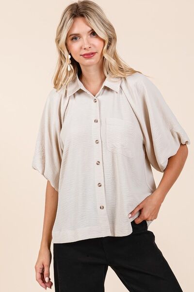 Mittoshop Airflow Short Bubble Sleeve Button Down Shirt Natural Blouses