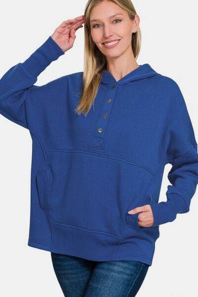 Zenana Half Snap Long Sleeve Hoodie with Kangaroo Pocket - Shop Style & More | Fresh Looks, Everyday Deals & Free Shipping