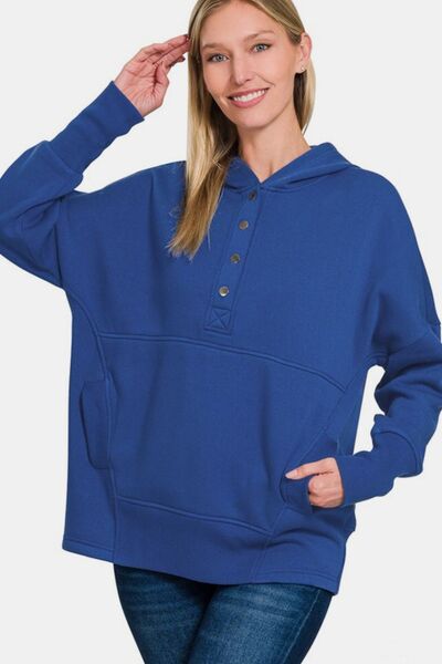 Zenana Half Snap Long Sleeve Hoodie with Kangaroo Pocket Navy Hoodies & Sweaters