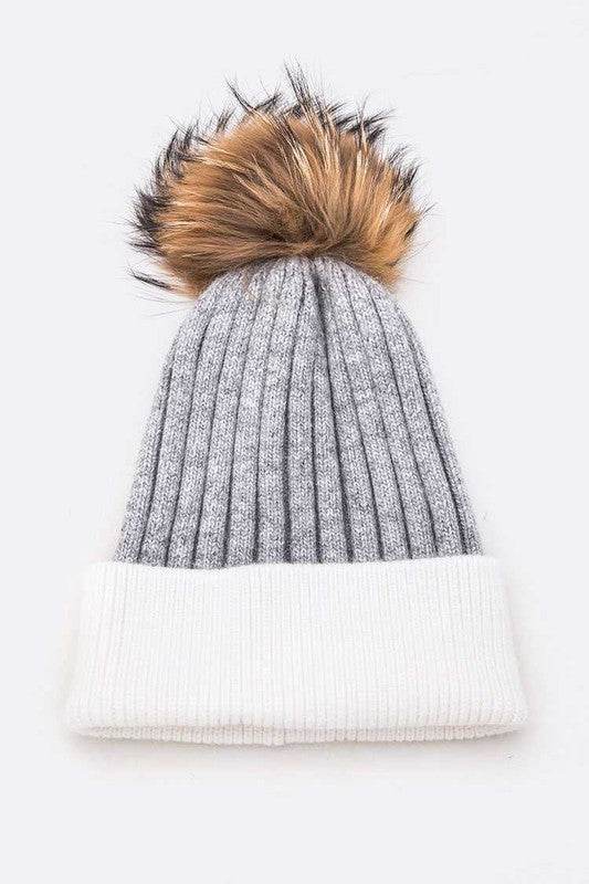 Raccoon Fur PomPom 2 Tone Beanie - Shop Style & More | Fresh Looks, Everyday Deals & Free Shipping