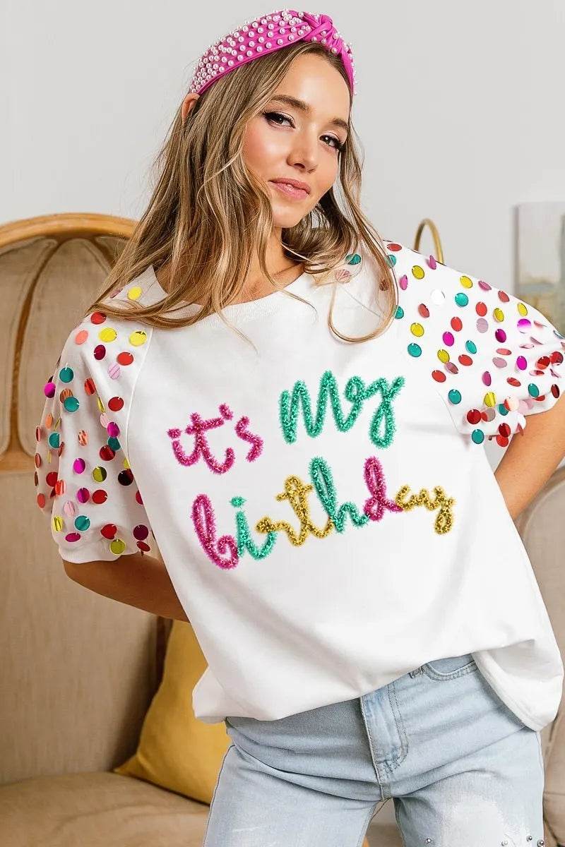 BiBi Metallic Letter Spangle Raglan Puff Sleeve Top - Shop Style & More | Fresh Looks, Everyday Deals & Free Shipping