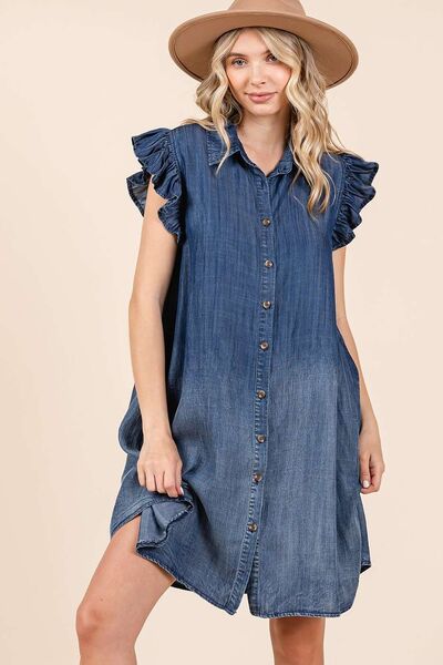 Mittoshop Washed Chambray Ruffle Sleeve Buttoned Mini Dress Dark Casual Dresses