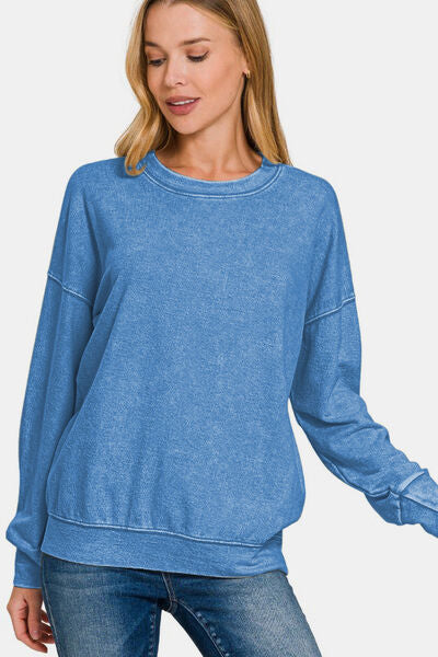 Zenana Washed Round Neck Dropped Shoulder Sweatshirt Hoodies & Sweaters