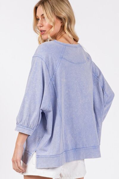 SAGE + FIG Mineral Washed Side Slit Round Neck Sweatshirt Hoodies & Sweaters