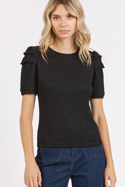 Mittoshop Textured Round Neck Short Sleeve Blouse Black Blouses