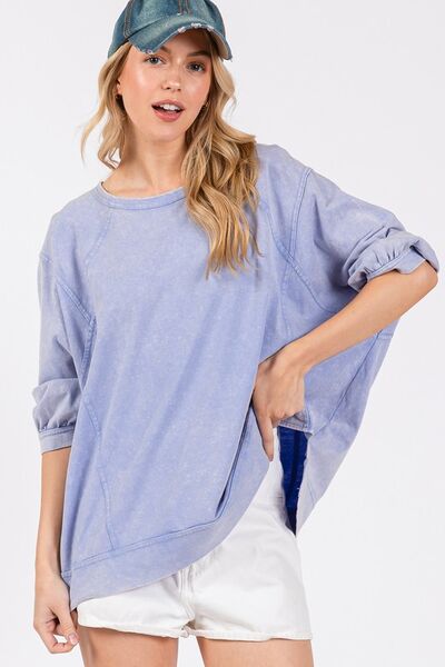 SAGE + FIG Mineral Washed Side Slit Round Neck Sweatshirt Hoodies & Sweaters