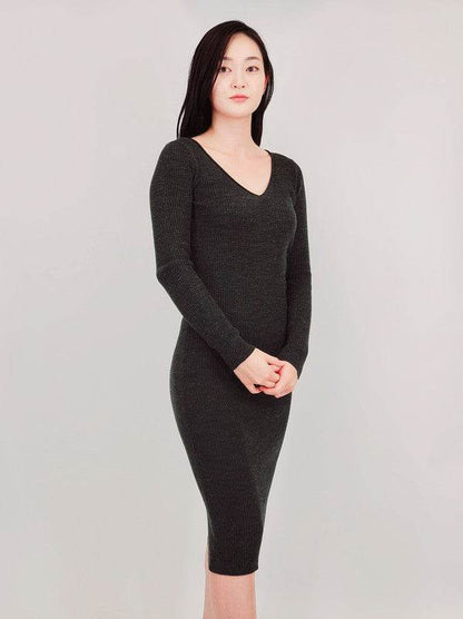 V-Neck Sheer Ribbed Knit Long Sleeve Sweater Dress - Shop Style & More | Fresh Looks, Everyday Deals & Free Shipping
