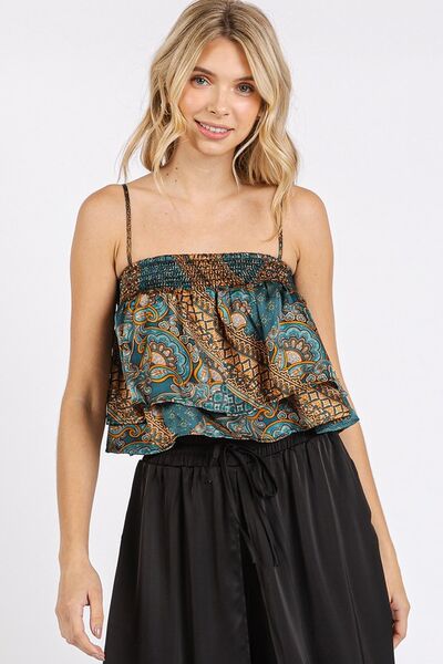 Mittoshop Paisley Patchwork Print Satin Ruffle Crop Cami TEAL GREEN Top - Femme & Flirty