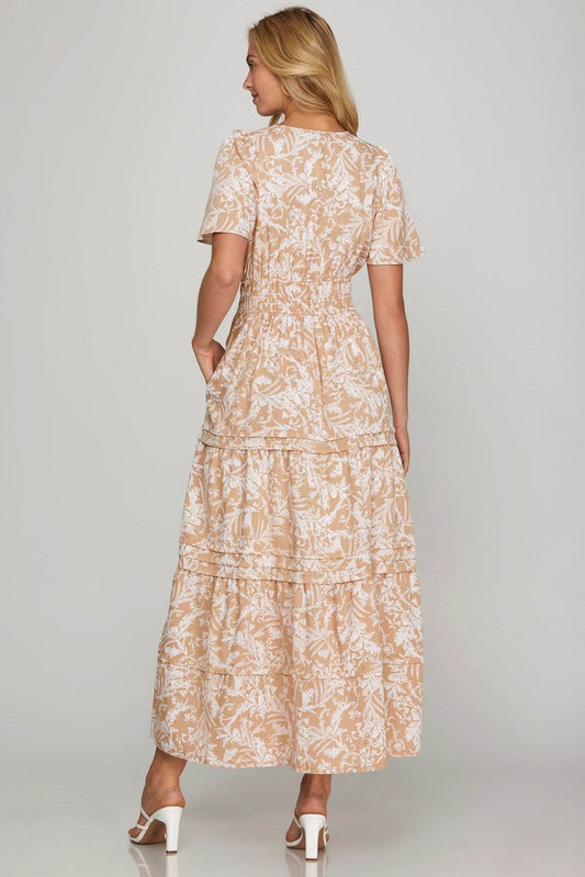 She + Sky Printed Notched Woven Tiered Pintuck Maxi Dress with Side Pockets - Shop Style & More | Fresh Looks, Everyday Deals & Free Shipping