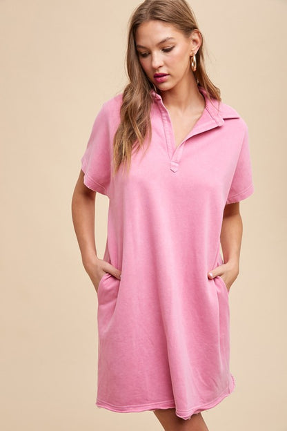 Annie Wear Mineral Washed Johnny Collar Short Sleeve Dress Fuchsia Pink Casual Dresses