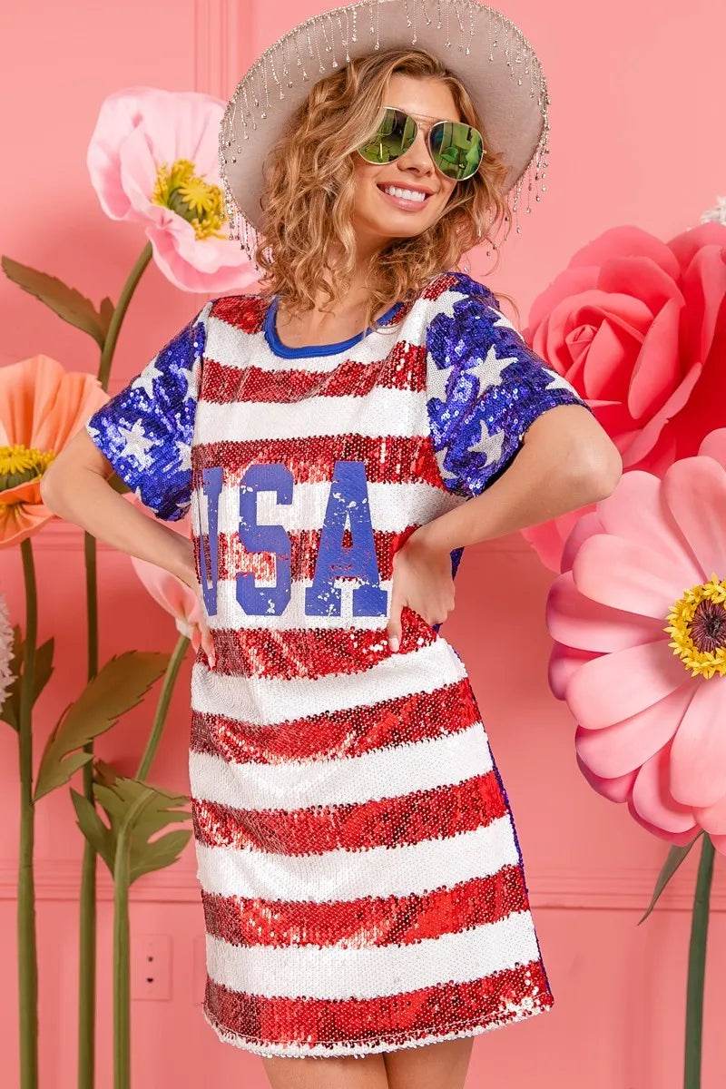 BiBi American Flag Theme Usa Print Sequin Dress - Shop Style & More | Fresh Looks, Everyday Deals & Free Shipping