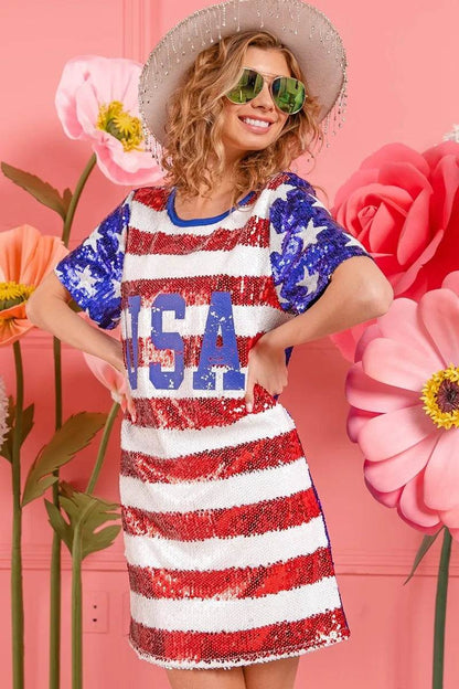 BiBi American Flag Theme Usa Print Sequin Dress - Shop Style & More | Fresh Looks, Everyday Deals & Free Shipping