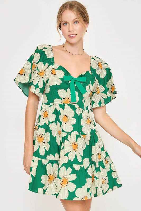 Umgee Full Size Daisy Print Mini Dress with Ribbon Details Plus Size - Shop Style & More | Fresh Looks, Everyday Deals & Free Shipping