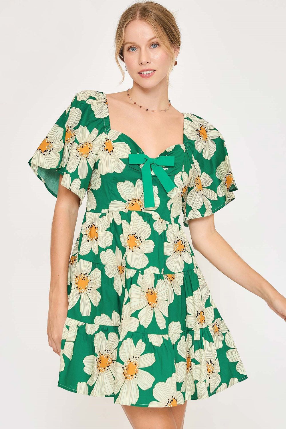 Umgee Full Size Daisy Print Mini Dress with Ribbon Details Plus Size Green Casual Dresses