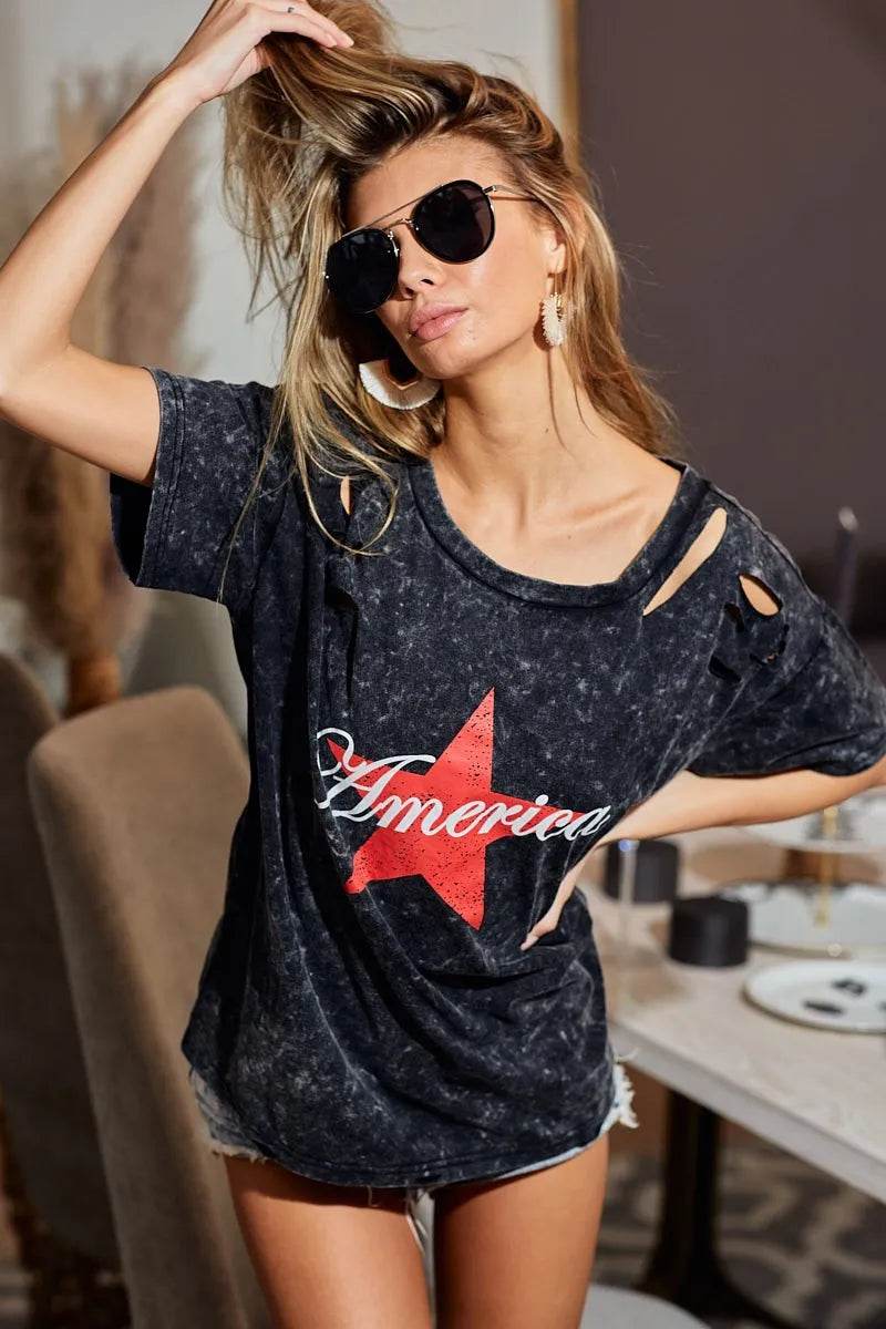 BiBi Laser Cut Mineral Washed Jersey Top with America - Shop Style & More | Fresh Looks, Everyday Deals & Free Shipping