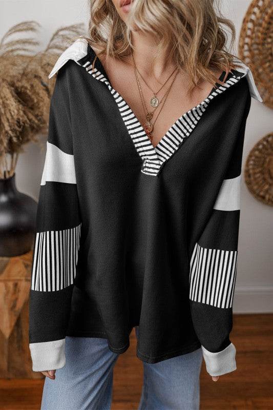 Black Striped Patchwork Collar Sweatshirt - Shop Style & More | Fresh Looks, Everyday Deals & Free Shipping
