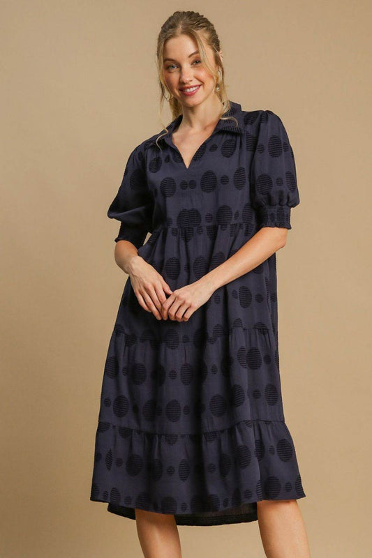 Umgee Full Size Swiss Dot Jacquard Tiered Midi Dress Plus Size - Shop Style & More | Fresh Looks, Everyday Deals & Free Shipping