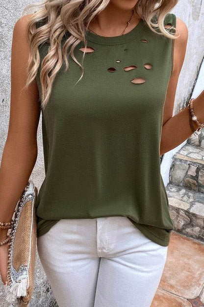 Women Distressed Holes Crew Neck Tank Top - Shop Style & More | Fresh Looks, Everyday Deals & Free Shipping