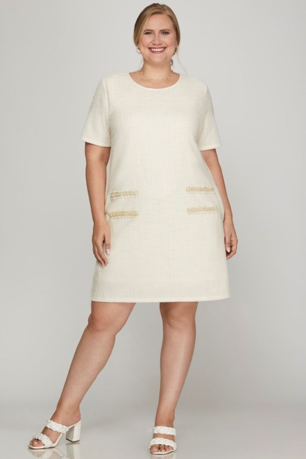 She + Sky Full Size Short Sleeve Pearl Studded Trim Knit Tweed Dress Plus Size Casual Dresses