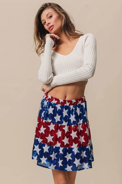 BiBi American Flag Theme Star Sequin Tiered Skirt - Shop Style & More | Fresh Looks, Everyday Deals & Free Shipping