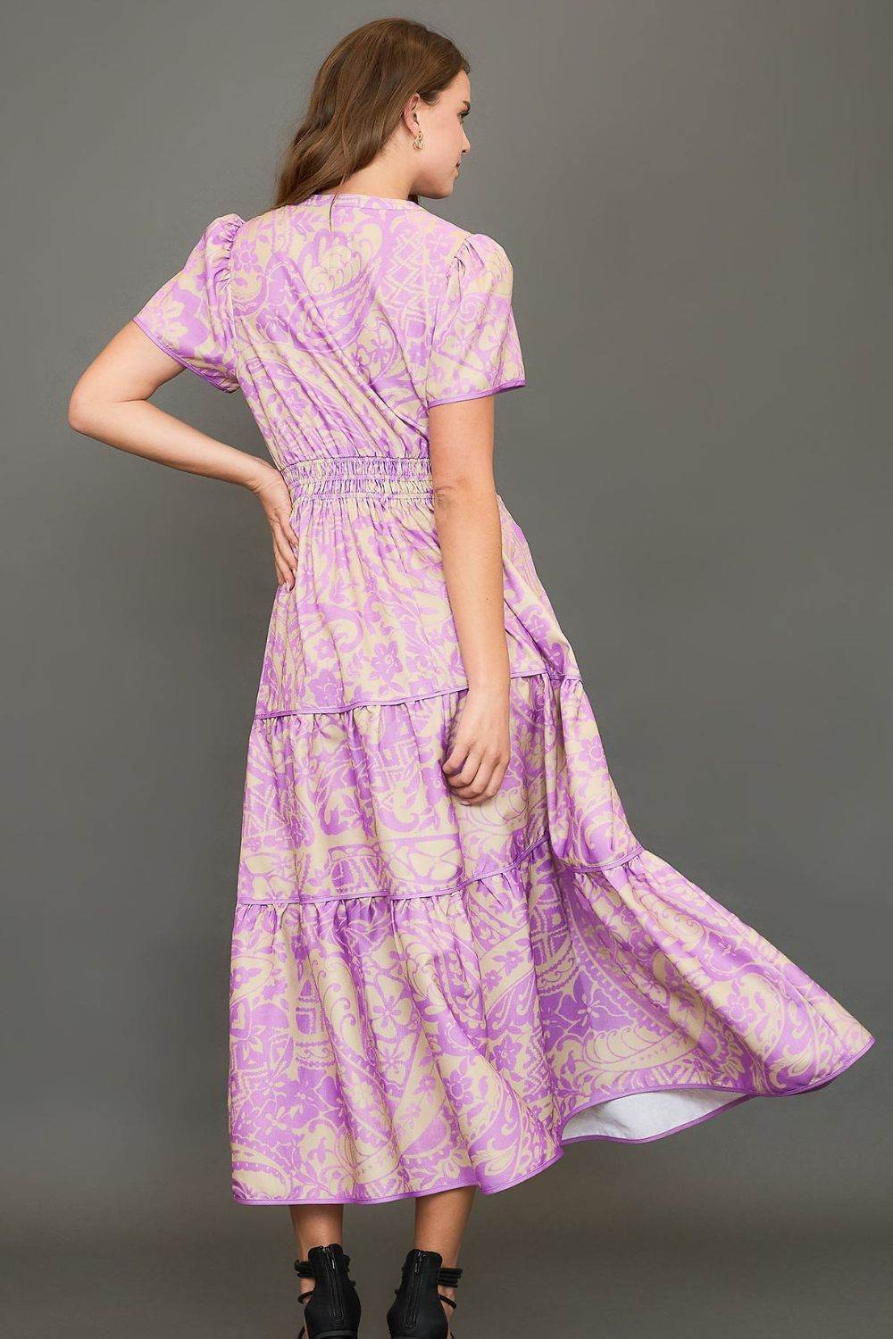 Umgee Full Size Printed Notched Short Sleeve Tiered Dress Plus Size - Shop Style & More | Fresh Looks, Everyday Deals & Free Shipping