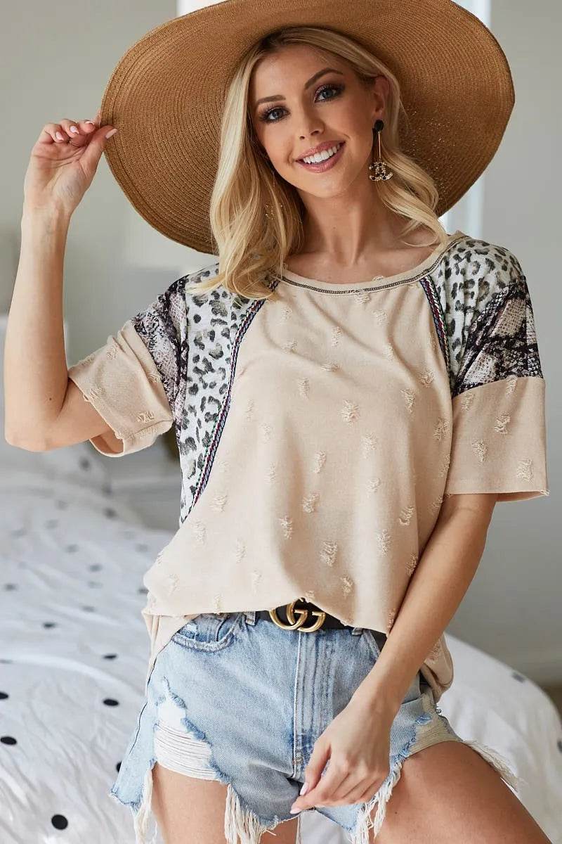 BiBi Distress Jacquard Knit with Leopard Snake Skin Top - Shop Style & More | Fresh Looks, Everyday Deals & Free Shipping