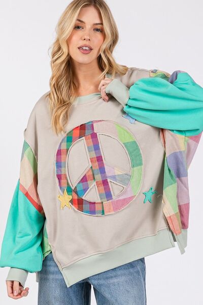 SAGE + FIG Contrast Peace Patch Dropped Shoulder Sweatshirt Hoodies & Sweaters