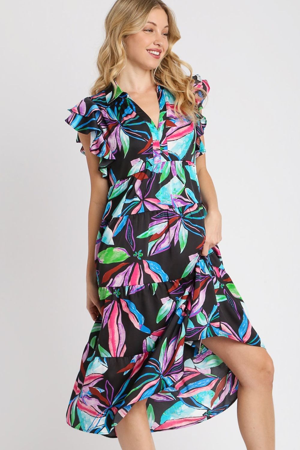 Umgee Full Size Leaf Print Double Layered Ruffle Sleeve Tiered Midi Dress Plus Size Casual Dresses