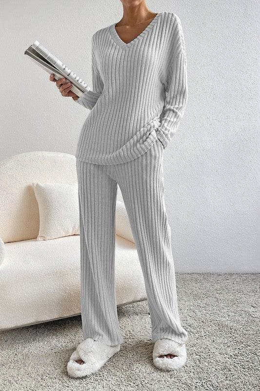 Women Ribbed Knit V Neck Slouchy Two-piece Outfit - Shop Style & More | Fresh Looks, Everyday Deals & Free Shipping