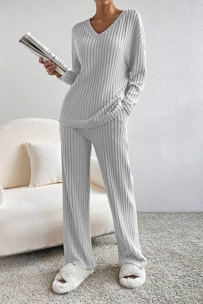 Women Ribbed Knit V Neck Slouchy Two-piece Outfit - Shop Style & More | Fresh Looks, Everyday Deals & Free Shipping