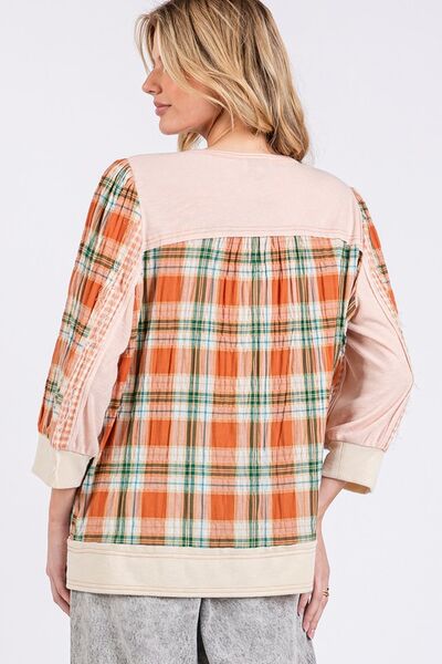 SAGE + FIG Exposed Seam Button Detail Plaid Top Blouses