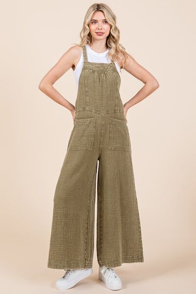 Mittoshop Textured Wide Leg Overalls - Olive Jumpsuits
