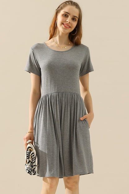 Ninexis Full Size Round Neck Ruched Dress with Pockets H GREY Cocktail Dresses